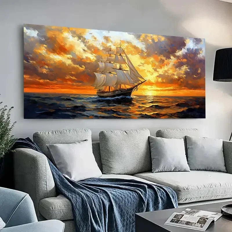 Sailboat Stormy Sea Sunset Sky Wall Art Canvas Office Home Room Framed 120x60cm - Bella Home Decor