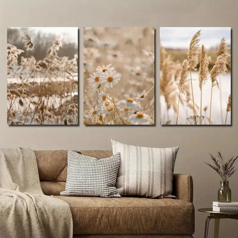 3pcs Botanical Daisy Wildflower Reed Perfect Wall Art Set Canvas Framed 60x90cm - High Quality Print 100% Australian Made Wall Canvas Ready to Hang - Bella Home Decor