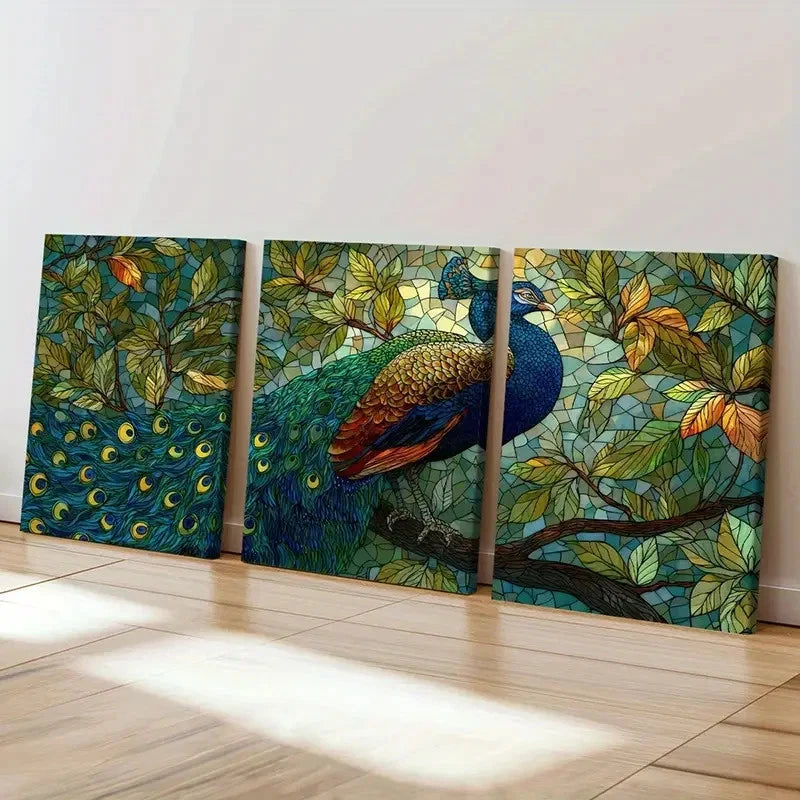 3pcs Vibrant Colors Glass Peacock Art Wall Art Set Canvas Framed 60x90cm - High Quality Print 100% Australian Made Wall Canvas Ready to Hang - Bella Home Decor