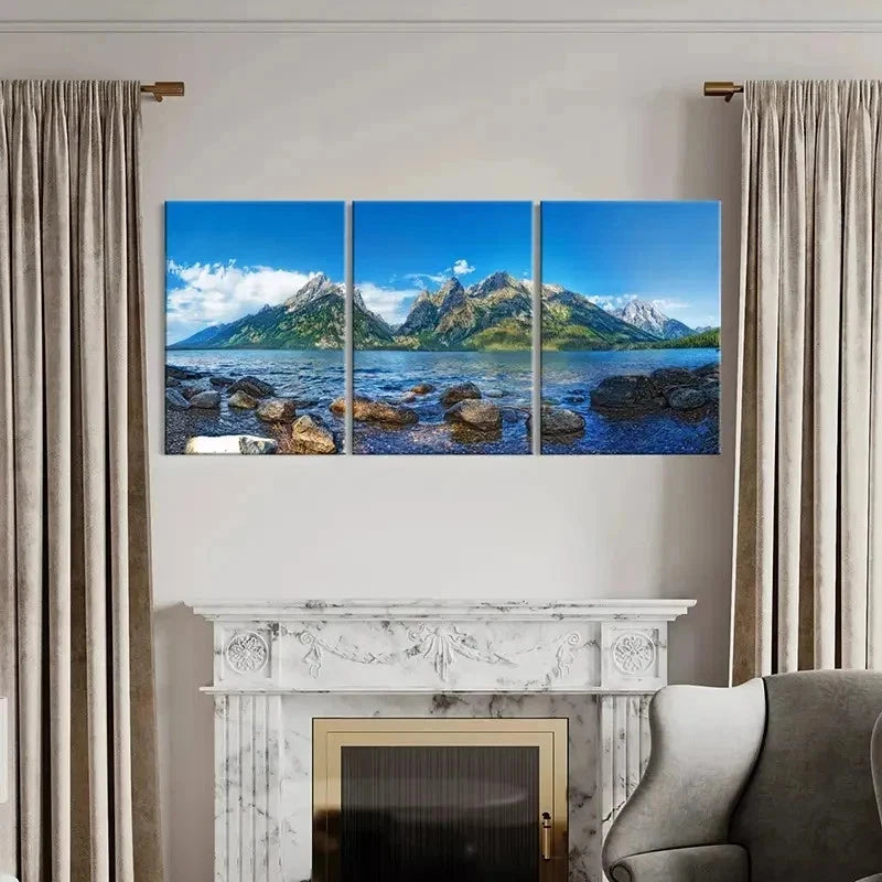 3pcs Green Mountains and Lake Modern Wall Art Set Canvas Framed 60x90cm - High Quality Print 100% Australian Made Wall Canvas Ready to Hang - Bella Home Decor
