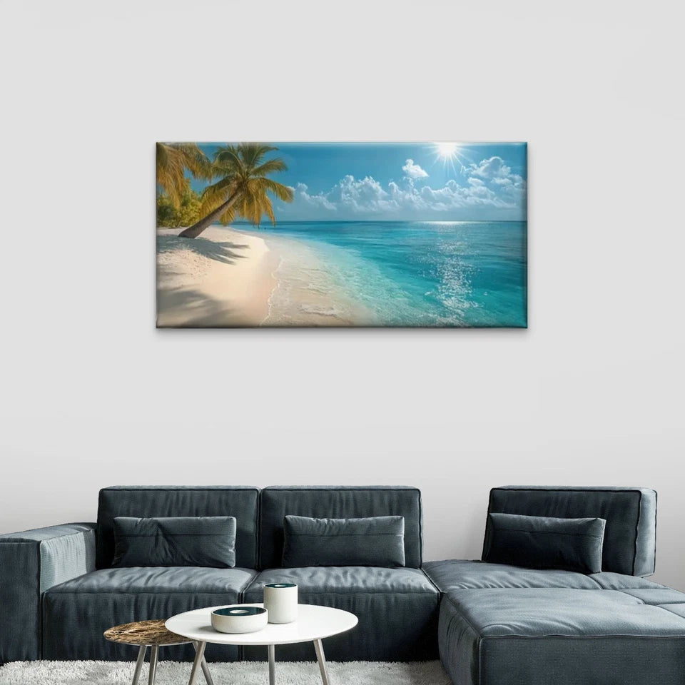 Beaches Palm Trees Blue Skies Wall Art Canvas Office Home Room Framed 120x60cm