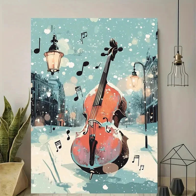 Beautiful Snowy Cello Symphony Painting  40x60cm Metal Print Ready to Hang - Bella Home Decor