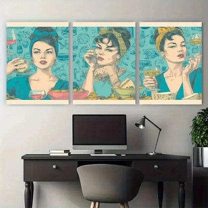 3pcs Girly Wine Cheese Coquette Retro Perfect Wall Art Set Canvas Framed 50x70cm - High Quality Print 100% Australian Made Wall Canvas Ready to Hang - Bella Home Decor