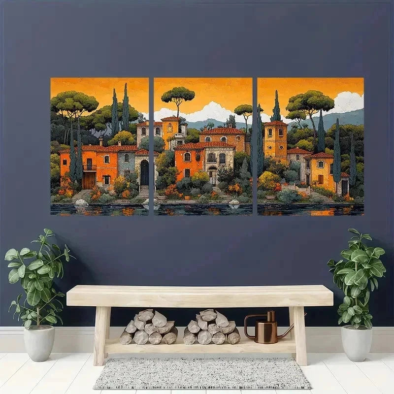 3pcs Whimsical Italian Landscape Pastel Perfect Wall Art Set Canvas Framed 60x90cm - High Quality Print 100% Australian Made Wall Canvas Ready to Hang - Bella Home Decor