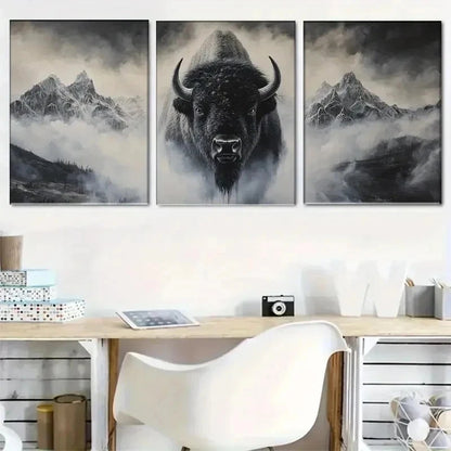 3pcs Majestic Bison And Mountains Wall Art Set Canvas Framed 50x70cm - High Quality Print 100% Australian Made Wall Canvas Ready to Hang