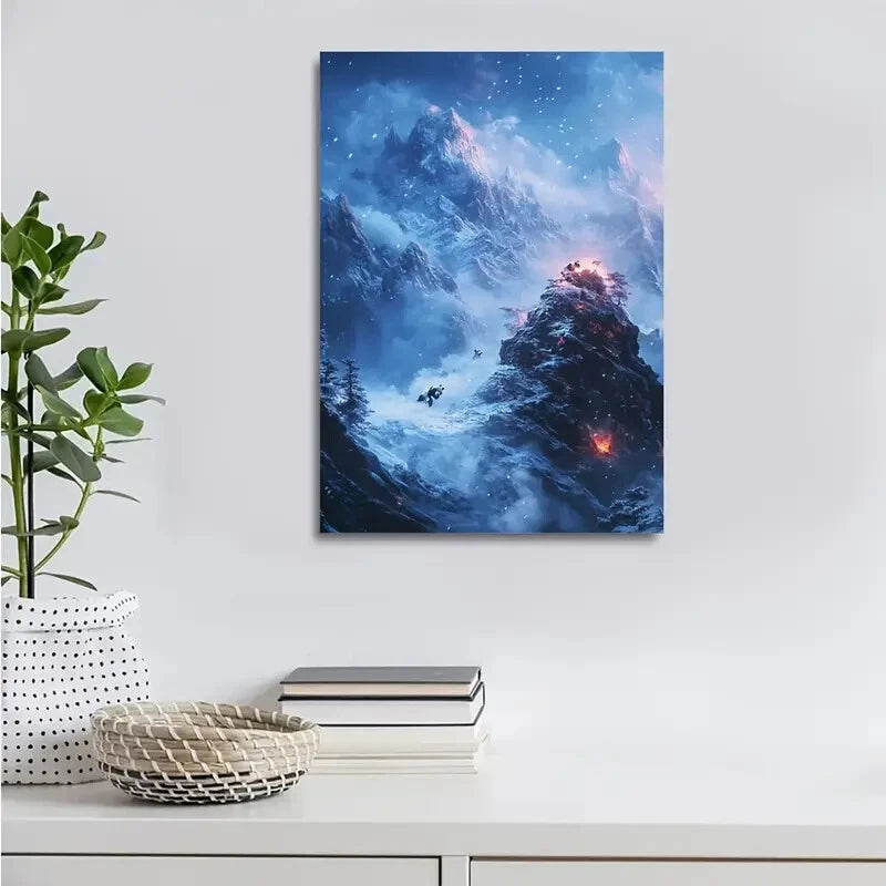 Fantasy Snowy Mountain Panda Chase Scene Painting 40x60cm Metal Print Ready to Hang - Bella Home Decor