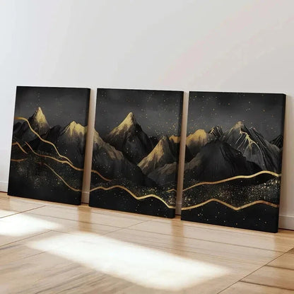 3pcs Mountains Night Sky Golden Lines Sparkles Wall Art Set Canvas Framed 60x90cm - High Quality Print 100% Australian Made Wall Canvas Ready to Hang - Bella Home Decor