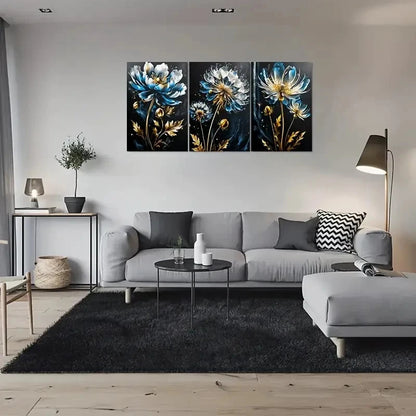 3pcs Blue and Golden Flowers Wall Art Set Canvas Framed 60x90cm - High Quality Print 100% Australian Made Wall Canvas Ready to Hang
