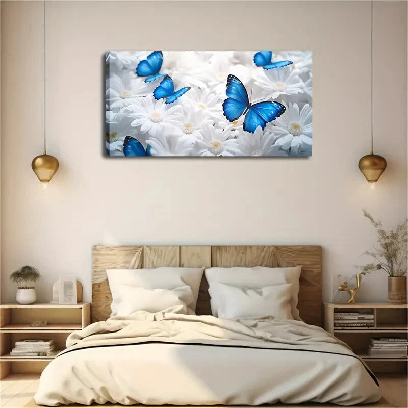 Blue Butterflies & White Flower Wall Art Canvas Office Home Room Framed 120x60cm - Bella Home Decor
