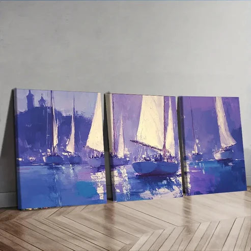 3pcs Sailboats at Sea Purple Blue Nature Perfect Wall Art Set Canvas Unframed - High Quality Print 100% Australian Made Wall Canvas