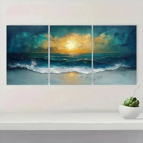 3pcs Blue & Green Ocean Sunset OS Wall Art Set Canvas Unframed - High Quality Print 100% Australian Made Wall Canvas - Bella Home Decor