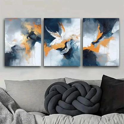3pcs Blue White And Golden Fluid Paintings Wall Art Set Canvas Framed 50x70cm - High Quality Print 100% Australian Made Wall Canvas Ready to Hang - Bella Home Decor
