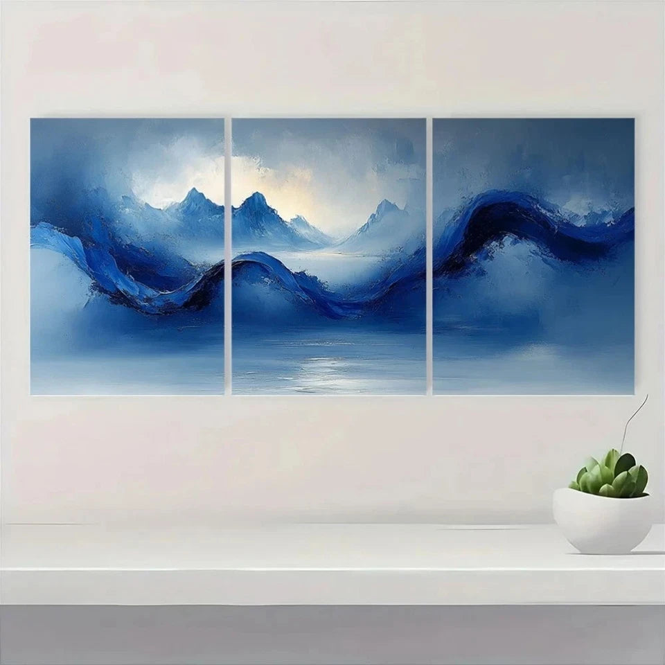 3pcs Abstract Blue Line Painting Metal Print Ready to Hang Art - Bella Home Decor