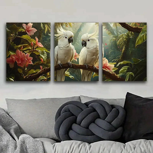 3pcs White Cockatoos on Branches Nature Perfect Wall Art Set Canvas Framed 40x60cm - High Quality Print 100% Australian Made Wall Canvas Ready to Hang