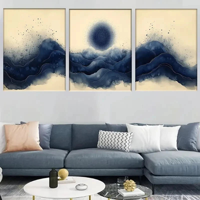 3pcs Abstract Blue Mountain Wave Style Metal Print Ready to Hang Art - Bella Home Decor