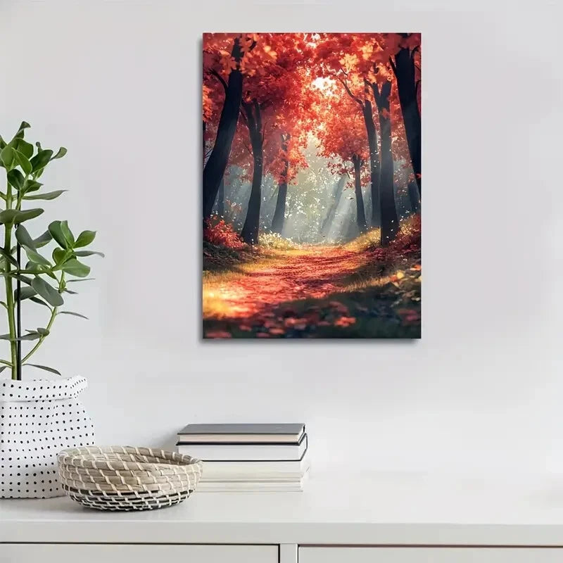 Beautiful Lush Maple Tree Forest Scene Vibrant Red 40x60cm Metal Print Ready to Hang - Bella Home Decor