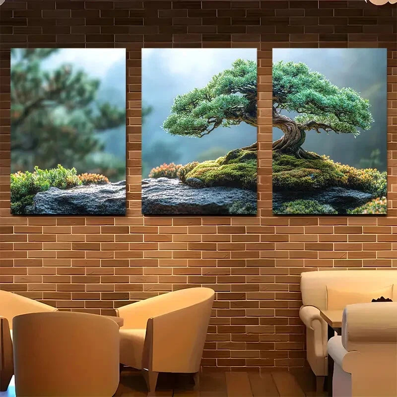 3pcs Japanese Bonsai Tree Abstract Metal Print Ready to Hang Art - Bella Home Decor