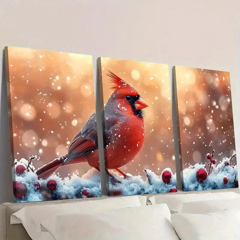 3pcs Vibrant Cardinal in Snowflakes & Berries Wall Art Set Canvas Framed 40x60cm - High Quality Print 100% Australian Made Wall Canvas Ready to Hang - Bella Home Decor