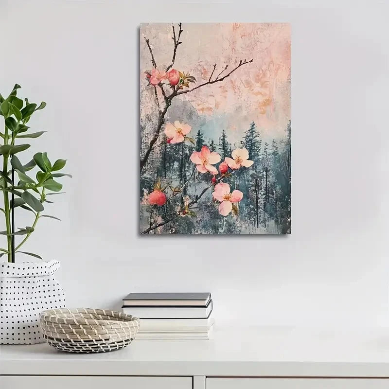 Vibrant Blooming Peach Tree Forest Landscape Painting 40x60cm Metal Print Ready to Hang - Bella Home Decor