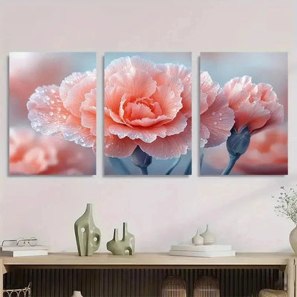 3pcs Pink Carnation Flower Droplet Perfect Wall Art Set Canvas Framed 60x90cm - High Quality Print 100% Australian Made Wall Canvas Ready to Hang