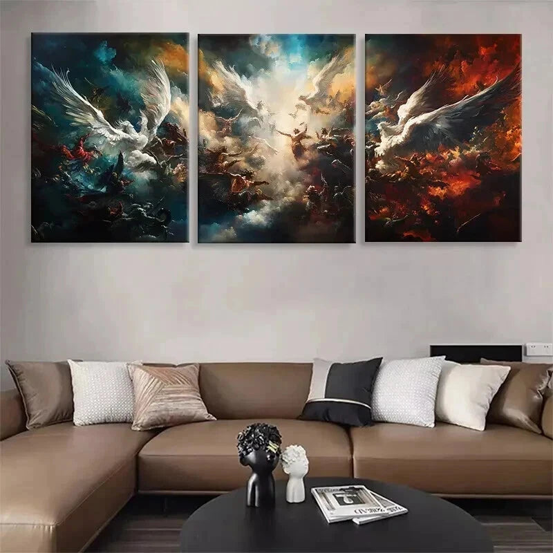 3pcs Epic Battle of Angels and Demon Perfect Wall Art Set Canvas Framed 50x70cm - High Quality Print 100% Australian Made Wall Canvas Ready to Hang