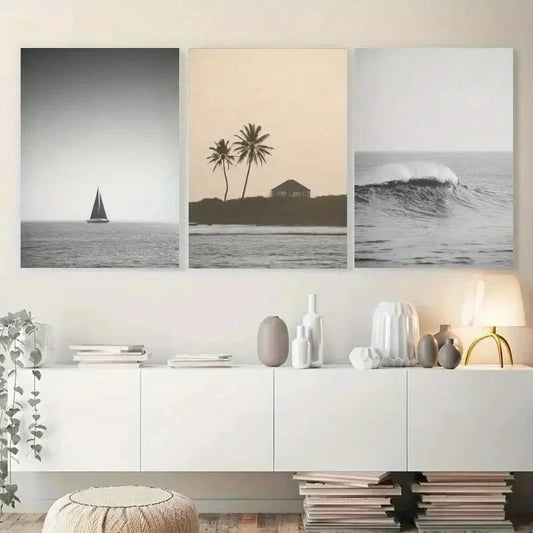 3pcs Palm Trees, Sailboat, Ocean Wave Wall Art Set Canvas Framed 50x70cm - High Quality Print 100% Australian Made Wall Canvas Ready to Hang