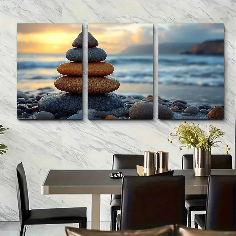 3pcs Zen Seascape Balanced Pebble Perfect Wall Art Set Canvas Framed 40x60cm - High Quality Print 100% Australian Made Wall Canvas Ready to Hang