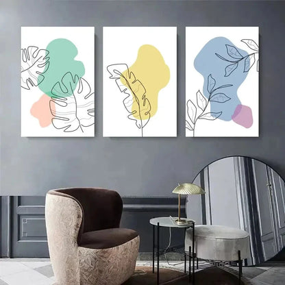 3pcs Abstract Botanical Line Colorful Shapes Metal Print Ready to Hang Art - Bella Home Decor