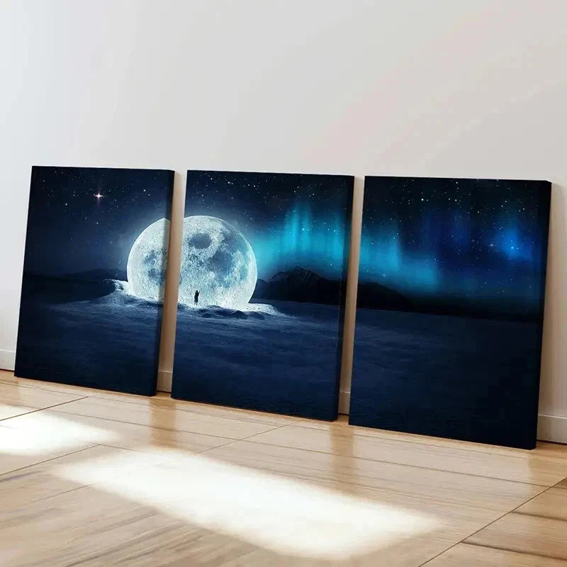 3pcs Aurora Snow Moon Falling On Snow Wall Art Set Canvas Framed 50x70cm - High Quality Print 100% Australian Made Wall Canvas Ready to Hang - Bella Home Decor