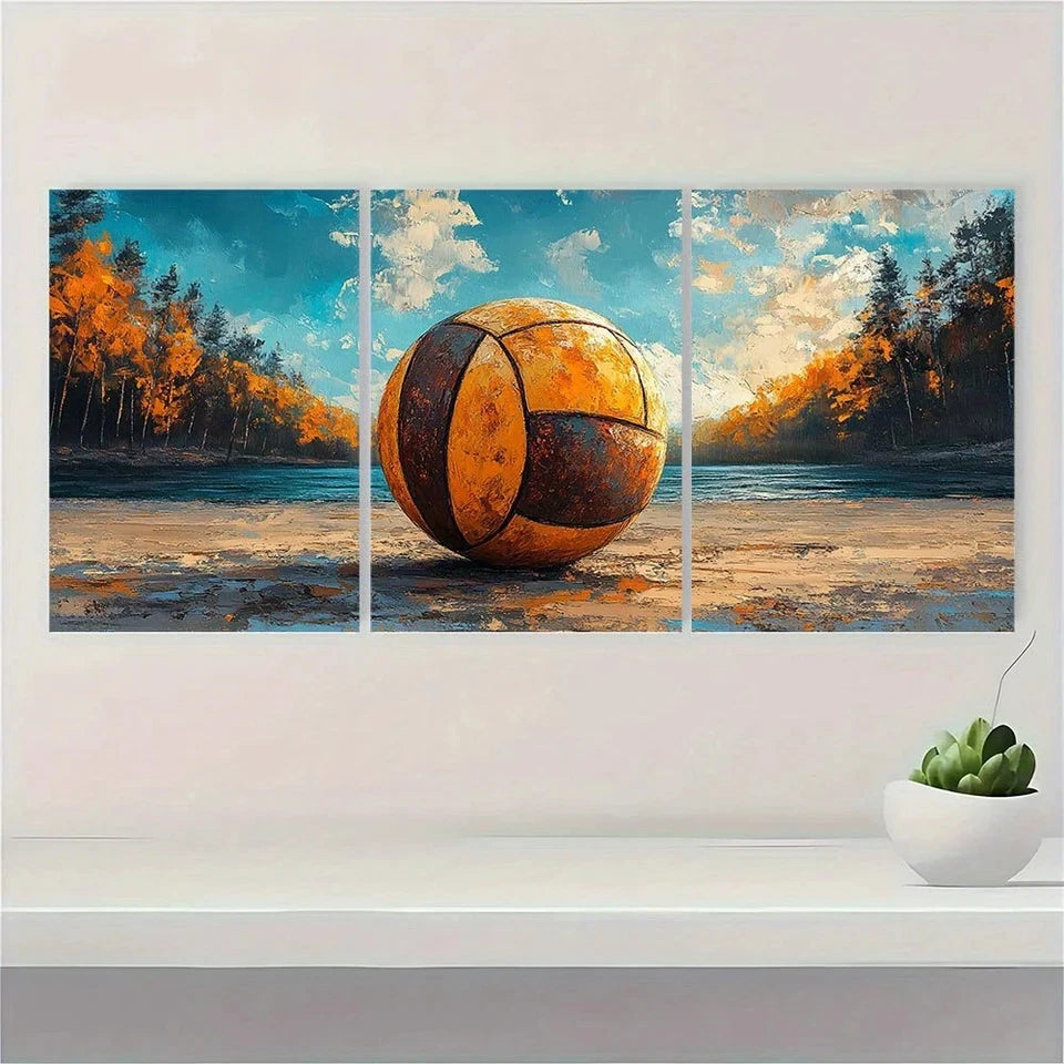 3pcs Vintage Volleyball Ball & Autumn Forest Metal Print Ready to Hang Art - Bella Home Decor