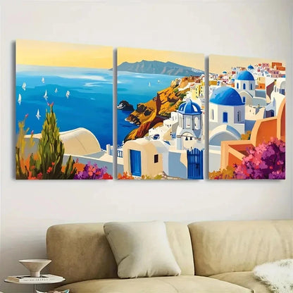 3pcs Greece Travel Mykonos Santorini Wall Art Set Canvas Framed 50x70cm - High Quality Print 100% Australian Made Wall Canvas Ready to Hang - Bella Home Decor