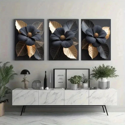 3pcs Black & Golden Floral Canvas   Wall Art Set Canvas Framed 60x90cm - High Quality Print 100% Australian Made Wall Canvas Ready to Hang - Bella Home Decor