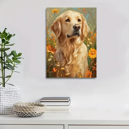 Golden Retriever with Flowers & Plants Painting 40x60cm Metal Print Ready to Hang - Bella Home Decor