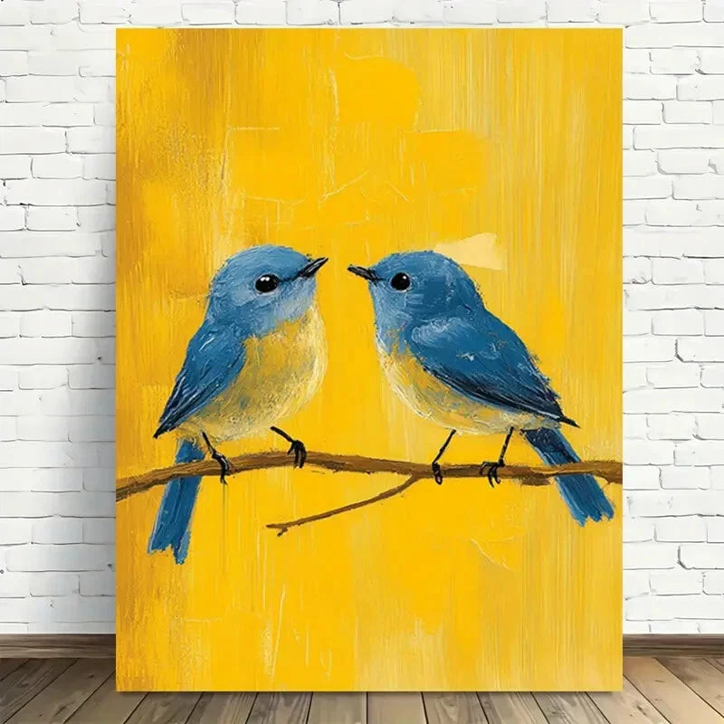 Blue Birds on Yellow Background Painting 40x60cm Metal Print Ready to Hang - Bella Home Decor