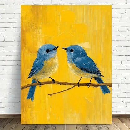Blue Birds on Yellow Background Painting 40x60cm Metal Print Ready to Hang - Bella Home Decor