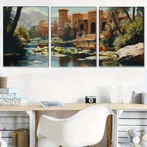 3 PCS Beautiful Oriental Oasis Landscape Wall Art Set Canvas Unframed - High Quality Print 100% Australian Made Wall Canvas
