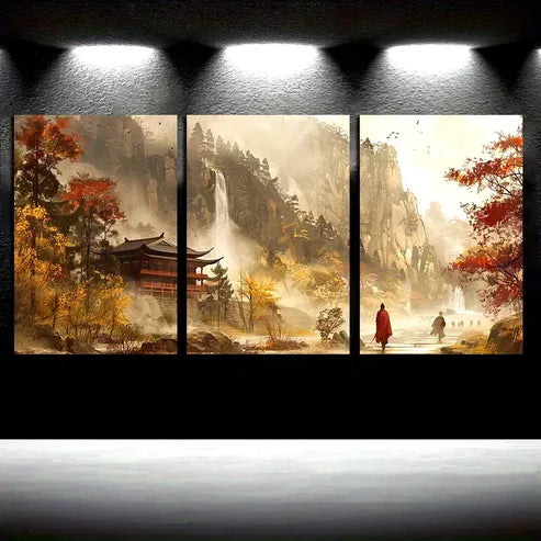3pcs Chinese Traditional Temple Waterfall Forest Autumn Painting Wall Art Set Canvas Unframed - High Quality Print 100% Australian Made Wall Canvas