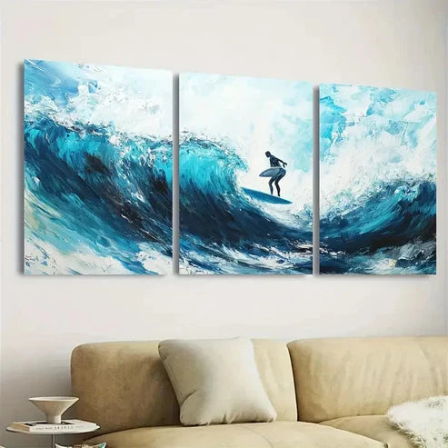 3pcs Surfer Blue Ocean Art Abstract Beach  Wall Art Set Canvas Unframed - High Quality Print 100% Australian Made Wall Canvas - Bella Home Decor