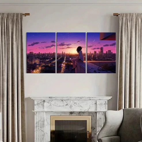 3pcs Girl Calm Sunset & City Night View Wall Art Canvas Unframed - High Quality Print 100% Australian Made Wall Canvas - Bella Home Decor