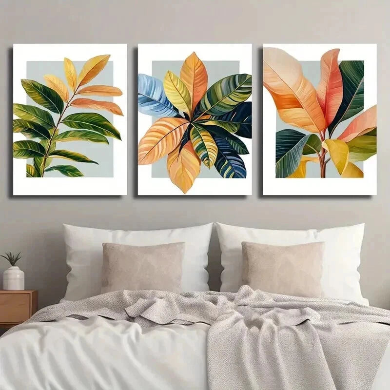 3pcs Modern Botanical Orange Blue Leave Perfect Wall Art Set Canvas Framed 50x70cm - High Quality Print 100% Australian Made Wall Canvas Ready to Hang - Bella Home Decor