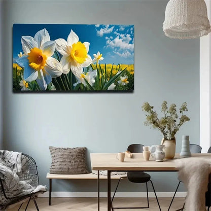 White & Golden Daffodil Flower Wall Art Canvas Office Home Room Framed 120x60cm