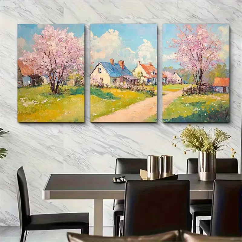 3pcs Spring Landscape Blooming Trees Metal Print Ready to Hang Art