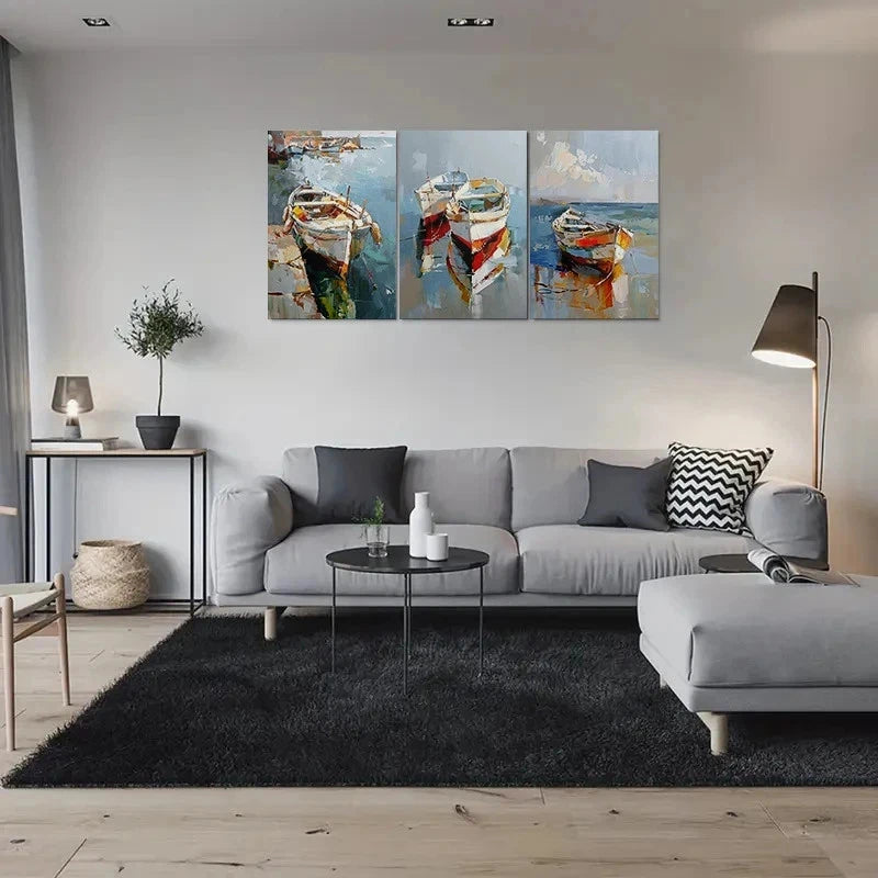 3pcs Abstract Coastal Scene Boat Metal Print Ready to Hang Art - Bella Home Decor