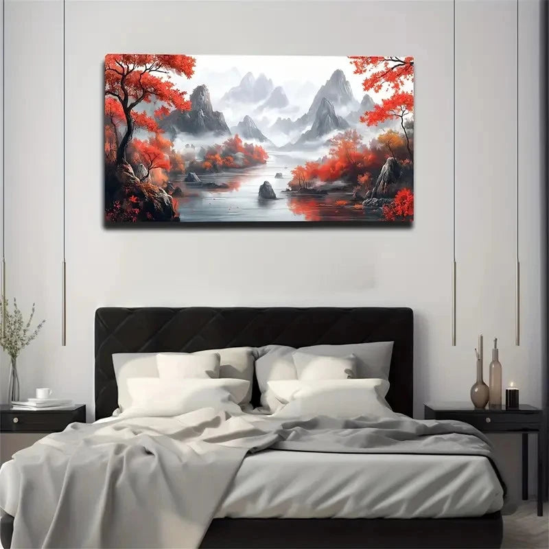 Autumnal Scenery Red Foliage Wall Art Canvas Office Home Room Framed 120x60cm