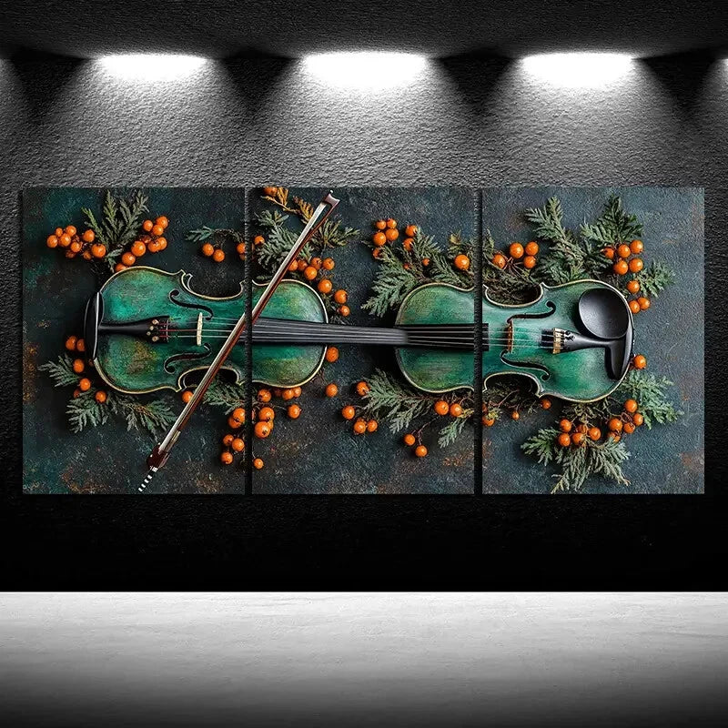 3pcs Chic Cello Trio Green Music Guitar Metal Print Ready to Hang Art - Bella Home Decor
