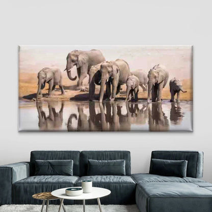 Elephant Herd Drinking Water Wall Art Canvas Office Home Room Framed 120x60cm