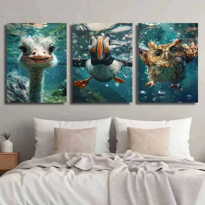 3pcs Ostrich Atlantic Puffin & Owl Underwater Wall Art Set Canvas Unframed - High Quality Print 100% Australian Made Wall Canvas
