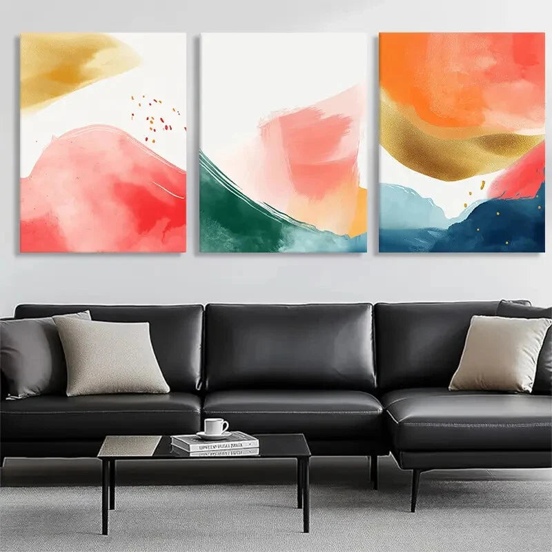 3pcs Vibrant Swirls of Red Green and Golden Metal Print Ready to Hang Art