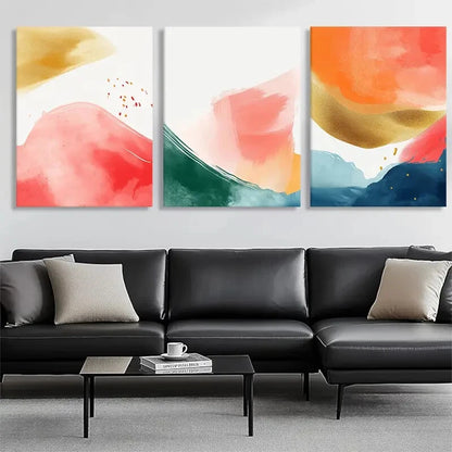 3pcs Vibrant Swirls of Red Green and Golden Metal Print Ready to Hang Art