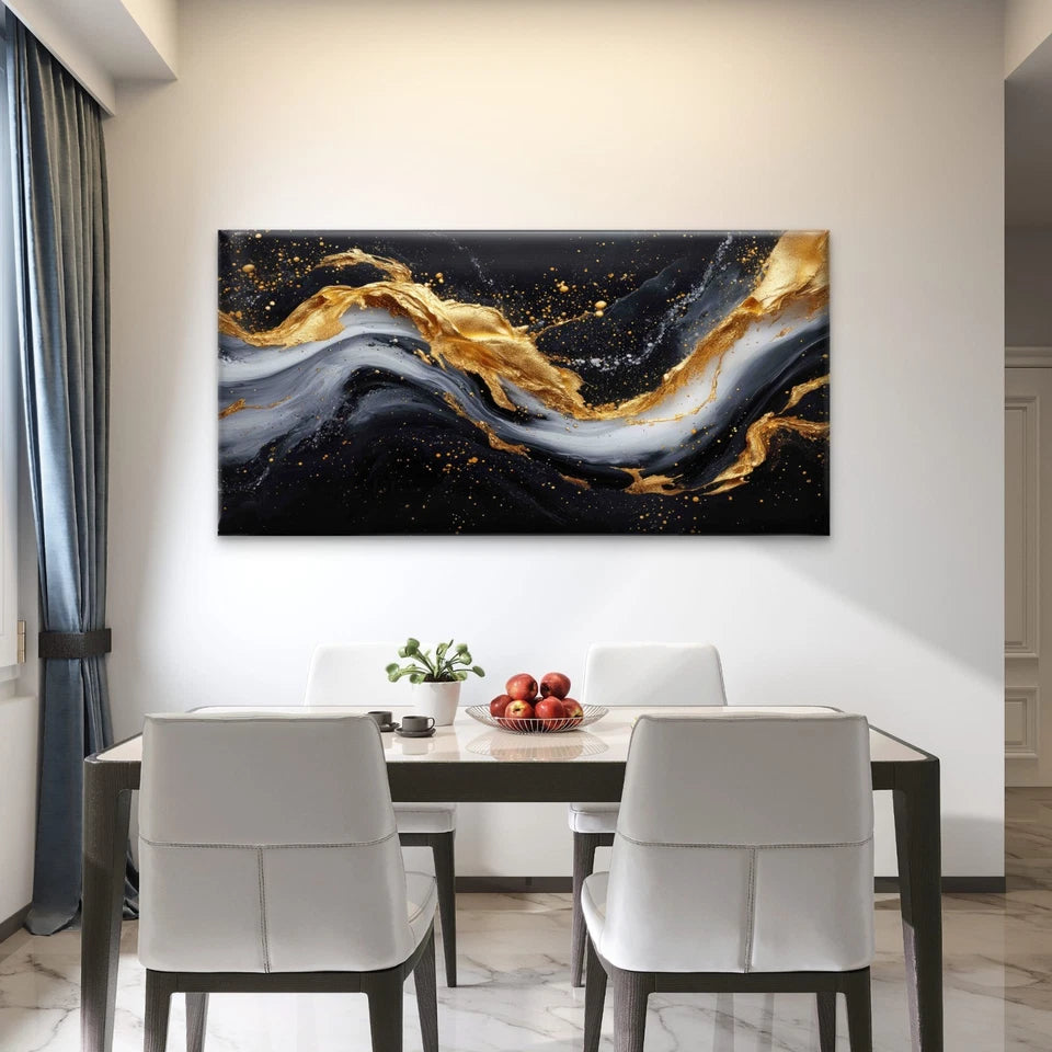 Painting Gold Black Swirl Wall Art Canvas Office Home Room Framed 120x60cm